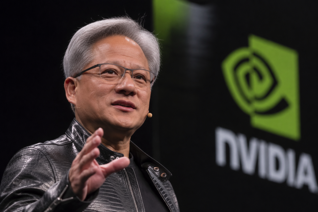 Jensen Huang speaks on stage beside a large Nvidia logo during a technology event.