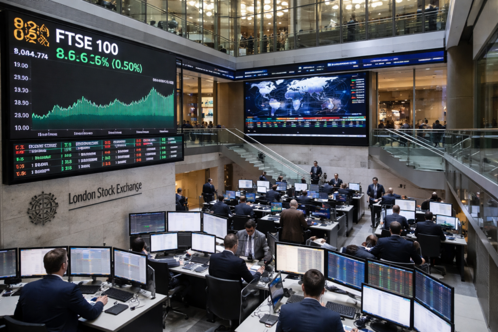 Traders work at computer terminals beneath a large FTSE 100 market display inside the London Stock Exchange.